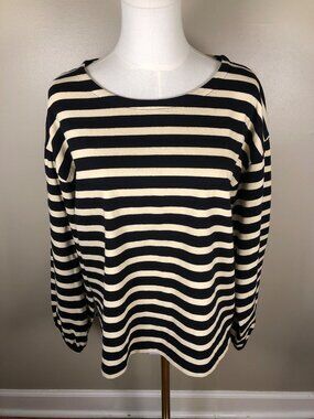 J Crew 100% Cotton Black & Cream Stripe Long Sleeve Crew Neck Top Size M